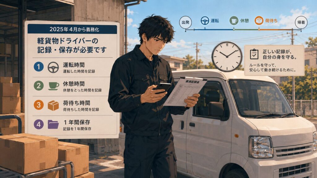 軽貨物ドライバーが白い軽バンの横でスマホと業務記録表を確認している。左側には「運転時間」「休憩時間」「荷待ち時間」「1年間保存」を示す図解パネルがあり、上部には出発から運転、休憩、荷待ち、帰着までの流れが表示されている。正しい業務記録を残すことが、ドライバー自身を守るために重要であることを伝えるイラスト。