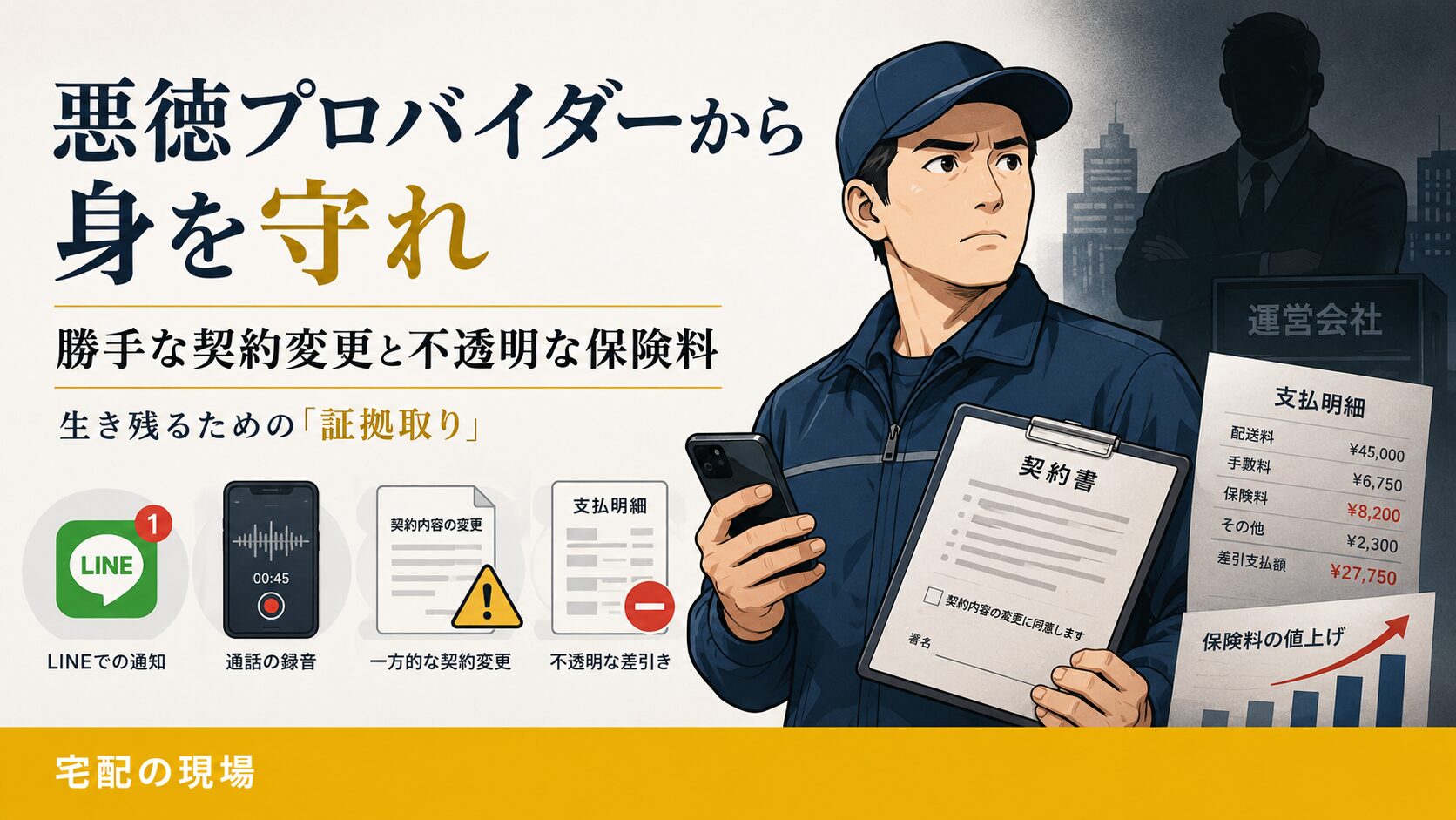 悪徳プロバイダーから身を守るため、スマホと契約書を持つ軽貨物ドライバーを描いたアイキャッチ画像。勝手な契約変更、不透明な保険料、LINE通知、通話録音、支払明細など、証拠取りの重要性を表している。