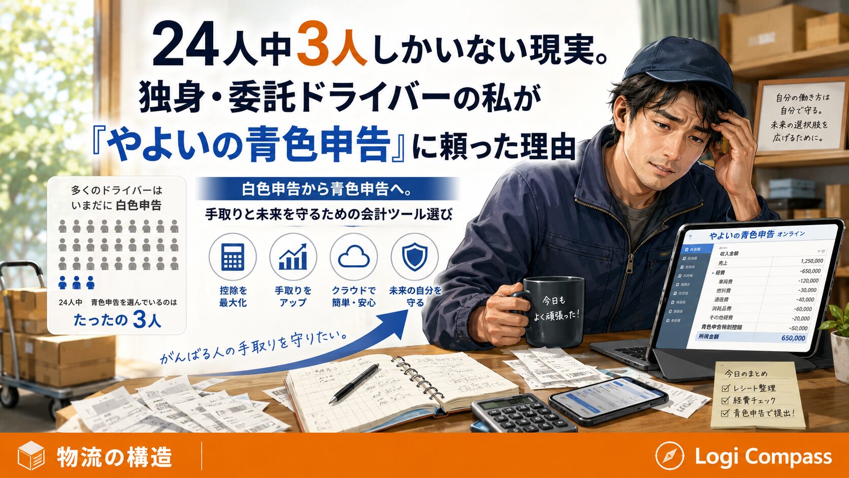 24人中3人しかいない現実。独身・委託ドライバーの私がクタクタになりながら「白色」を捨てて『やよいの青色申告』に頼った理由
