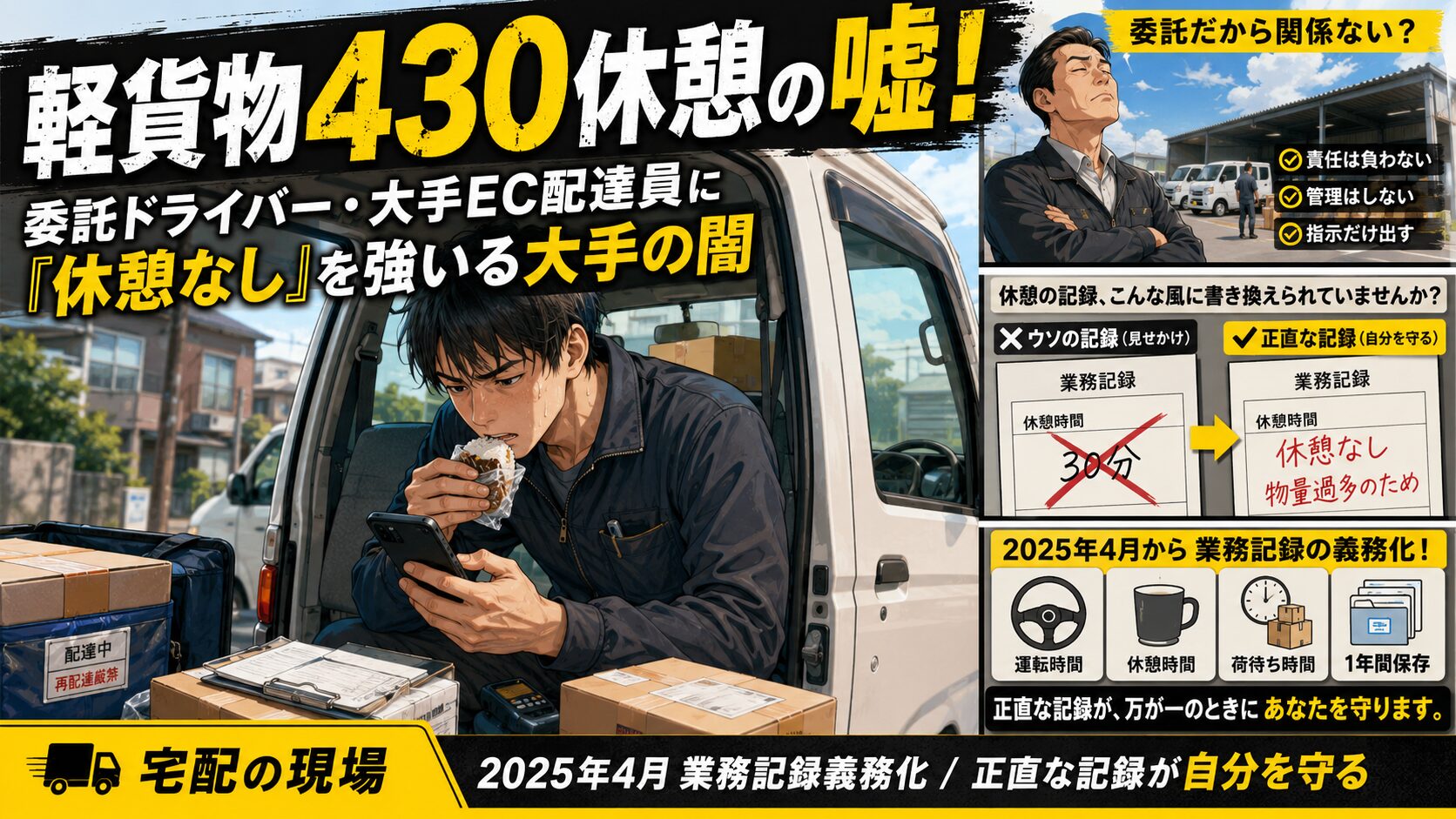 軽バンの中で配達ドライバーがスマホを確認しながら急いで食事をしている。周囲には段ボールや業務記録表が置かれ、右側には「委託だから関係ない？」という管理側の姿勢や、「休憩30分」と書かれた嘘の記録から「休憩なし・物量過多のため」という正直な記録へ書き換える図解、運転時間・休憩時間・荷待ち時間・1年間保存の記録義務がまとめられている。軽貨物ドライバーの430休憩問題と、正直な業務記録が自分を守ることを伝えるアイキャッチ画像。