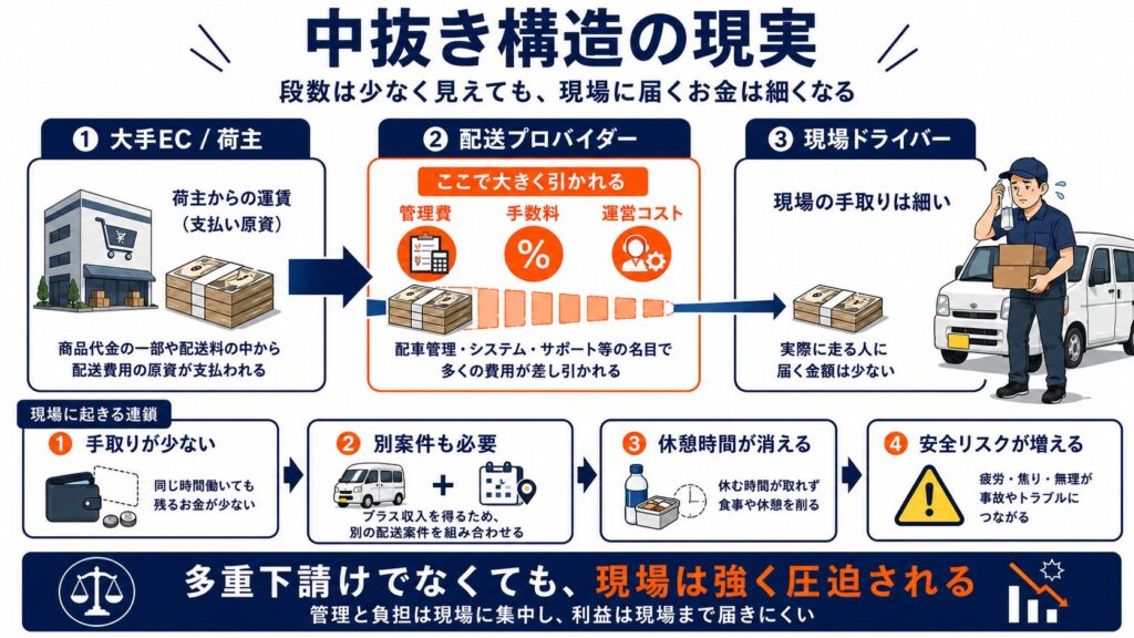 「中抜き構造の現実」というタイトルの図解で、大手EC・荷主から配送プロバイダーを経て現場ドライバーへお金が流れる仕組みを示している。図では、荷主からの運賃が配送プロバイダーの段階で管理費・手数料・運営コストなどとして大きく差し引かれ、現場ドライバーに届く金額が少なくなる様子が表現されている。下部には、その結果として「手取りが少ない」「別案件も必要」「休憩時間が消える」「安全リスクが増える」という現場への影響が並び、多重下請けでなくても現場が強く圧迫される構造を説明している。