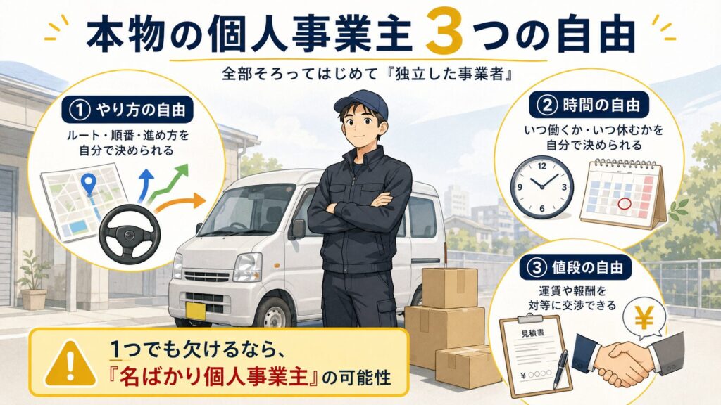 「本物の個人事業主 3つの自由」という見出しのもと、軽バンの前に立つ配達ドライバーを中心に、やり方の自由・時間の自由・値段の自由を3つの図解で示している。ルートや順番を自分で決められること、働く時間や休む時間を自分で決められること、運賃や報酬を対等に交渉できることが、それぞれ地図、時計、見積書と握手のアイコンで表現されている。下部には、1つでも欠けるなら名ばかり個人事業主の可能性があることを示す注意書きがある。