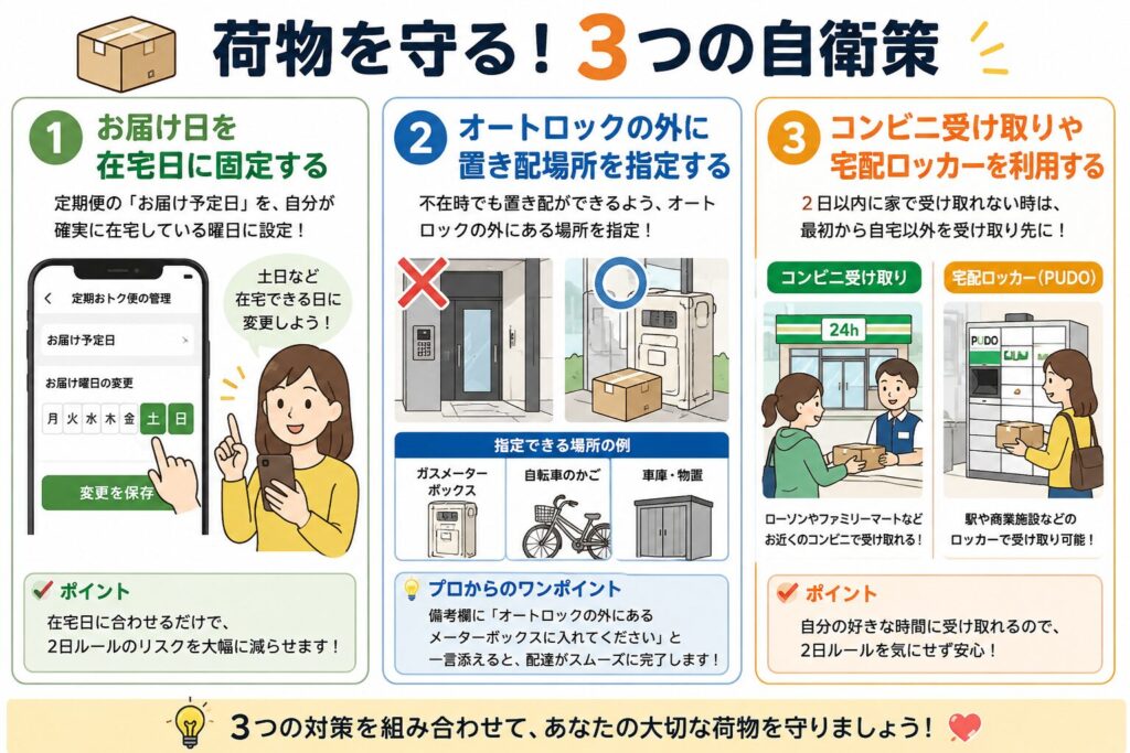 Amazon定期便などの荷物を強制返品から守るための3つの自衛策をまとめた図解。お届け日を在宅日に固定する方法、オートロック外の置き配場所を指定する方法、コンビニ受け取りや宅配ロッカーを利用する方法が、スマホ画面や宅配ボックス、受け取りスポットのイラストで説明されている。