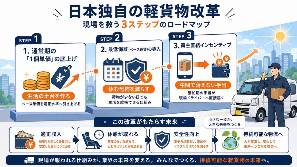 「日本独自の軽貨物改革」と題した図解で、現場を救う3ステップのロードマップが示されている。ステップ1では通常期の1個単価の底上げ、ステップ2では最低保証となるベース運賃の導入、ステップ3では荷主直結インセンティブによって繁忙期の手当を現場ドライバーへ直接届ける仕組みが描かれている。下部には、適正収入、休憩の確保、安全性向上、持続可能な物流へつながる流れが整理され、現場が正しく報われる仕組みづくりの必要性を伝えている。