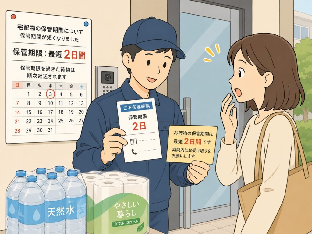 マンションのエントランス前で、配送ドライバーが女性利用者に不在連絡票と「保管期限2日」の案内を見せているイラスト。壁には宅配物の保管期間が短縮されたことを知らせる掲示があり、手前には水や日用品の箱が置かれている。利用者が驚いた表情を浮かべており、不在荷物の保管期間短縮による混乱や受け取りリスクを表している。