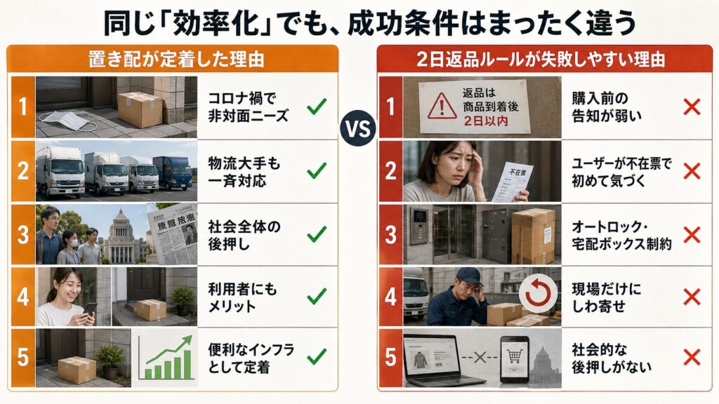 置き配が定着した理由と、2日返品ルールが失敗しやすい理由を左右で比較した図解。左側では、コロナ禍による非対面ニーズ、物流大手の一斉対応、社会全体の後押し、利用者メリット、便利なインフラとしての定着が、緑のチェック付きで示されている。右側では、購入前の告知不足、不在票で初めて気づく利用者、オートロックや宅配ボックスの制約、現場だけへのしわ寄せ、社会的な後押しのなさが、赤いバツ印付きで示されている。置き配と2日返品ルールは同じ効率化でも、成功条件が大きく違うことを表している。
