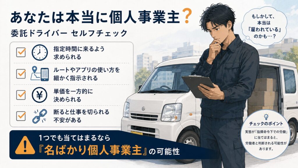 白い軽バンの前で、黒い作業着の委託ドライバーがクリップボードを持ちながら、自分の働き方について考え込んでいる。左側には「指定時間に来るよう求められる」「ルートやアプリの使い方を細かく指示される」「単価を一方的に決められる」「断ると仕事を切られる不安がある」というセルフチェック項目が並び、1つでも当てはまる場合は名ばかり個人事業主の可能性があることを示している。