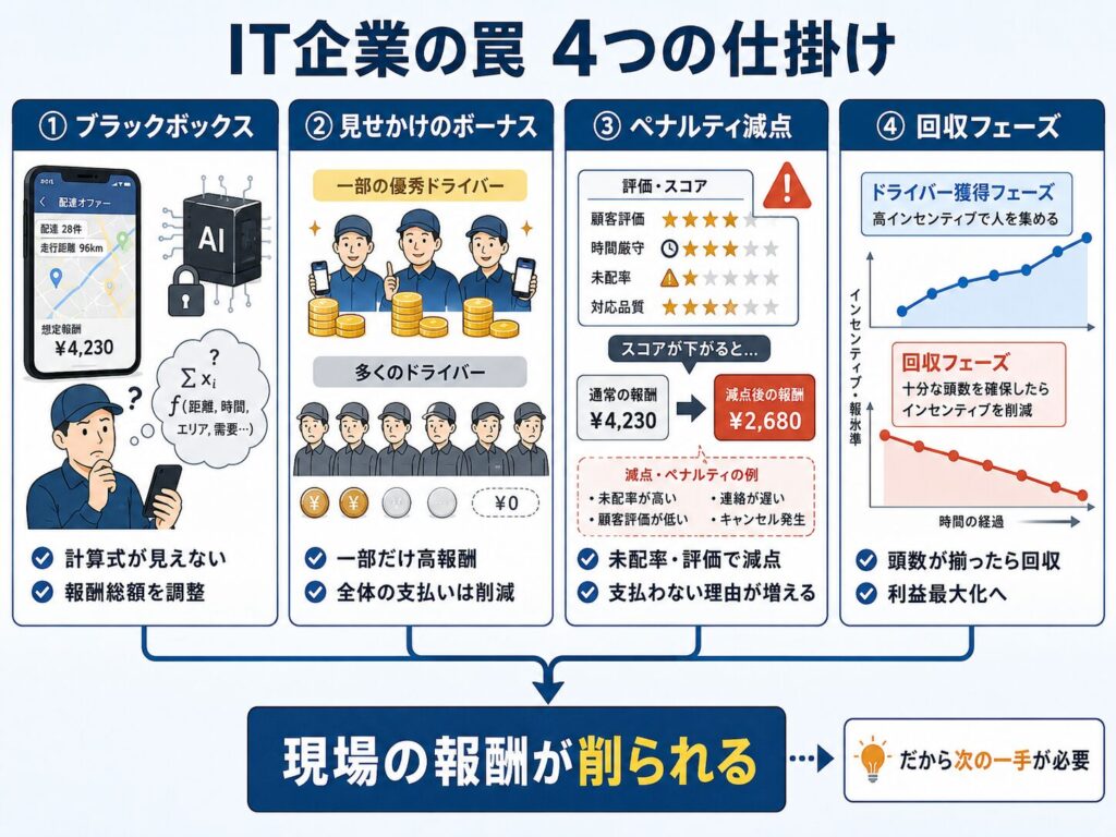 IT企業が軽貨物ドライバーの報酬を削る「4つの仕掛け」をまとめた図解。ブラックボックス化した報酬計算、一部だけが得をする見せかけのボーナス、評価や未配率によるペナルティ減点、頭数確保後にインセンティブを削る回収フェーズを示し、最終的に現場の報酬が削られる構造を説明している。