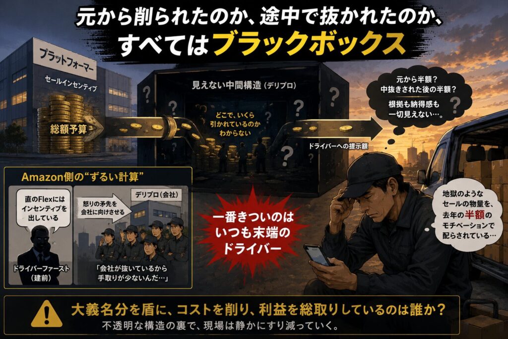 物流業界の不透明な報酬構造をテーマにしたイラスト。中央には「ブラックボックス」を象徴する巨大な黒い箱が置かれ、その中でお金や情報の流れが見えなくなっている。左側には予算やインセンティブの原資を示すコインの山、右側には提示額を見つめながら困惑する軽貨物ドライバーが描かれている。どこでいくら差し引かれているのか分からない不透明な構造と、そのしわ寄せを受ける現場ドライバーの苦悩を表現したイラスト。