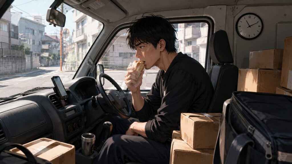 荷物でいっぱいの軽バンの運転席で、黒い服を着た配達ドライバーがパンを急いで口にしながら座っている。ダッシュボードにはスマホが取り付けられ、車内には段ボールや配達バッグが積まれ、壁の時計と窮屈な空間が休む余裕のなさを感じさせる。車の外には住宅街の道路が見え、忙しい配達の合間に車内で慌ただしく食事を取る様子が描かれている。