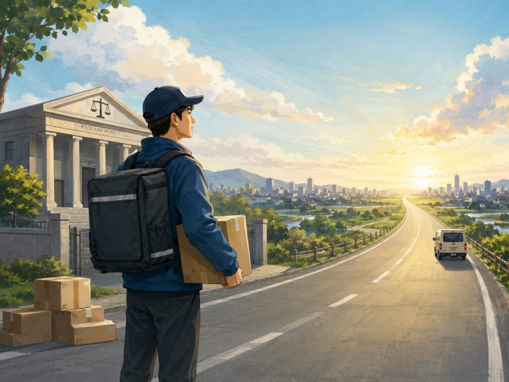 裁判所を思わせる建物のそばで、荷物を抱えた配達員が遠くまで続く道の先を見つめて立っている。裁判の勝利はゴールではなく、その先に続く長い道のりの始まりであることを表したイラスト。