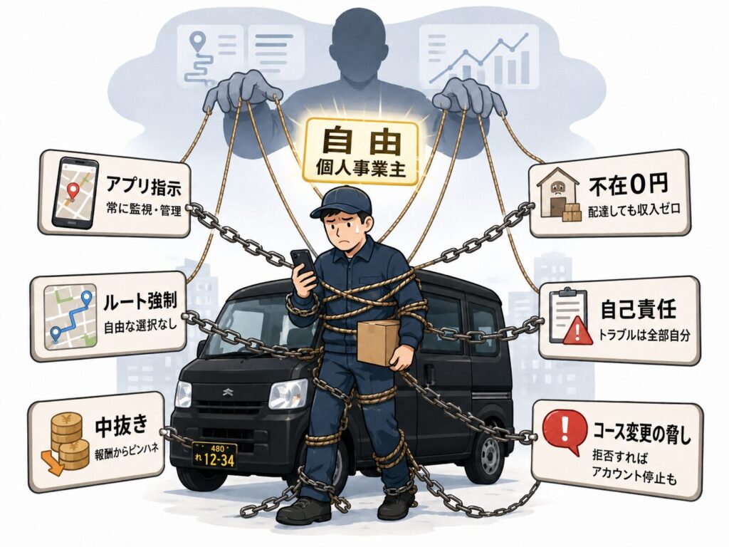 「自由」「個人事業主」と書かれた看板の下で、軽貨物ドライバーが鎖で縛られて立っている図解イラスト。周囲には「アプリ指示」「ルート強制」「中抜き」「不在0円」「自己責任」「コース変更の脅し」といった札が配置され、物流ドライバーが自由を装いながら実際には強く支配されている構造を表している。