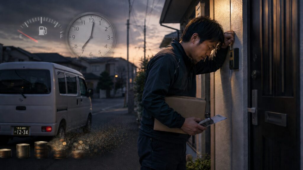 夕暮れの住宅街で、不在の玄関前に立ち尽くす軽貨物ドライバー。背後には黒ナンバーの軽バンが停まり、時間・ガソリン・報酬が失われていく様子を、時計や燃料計、消えていくコインで表現している。
