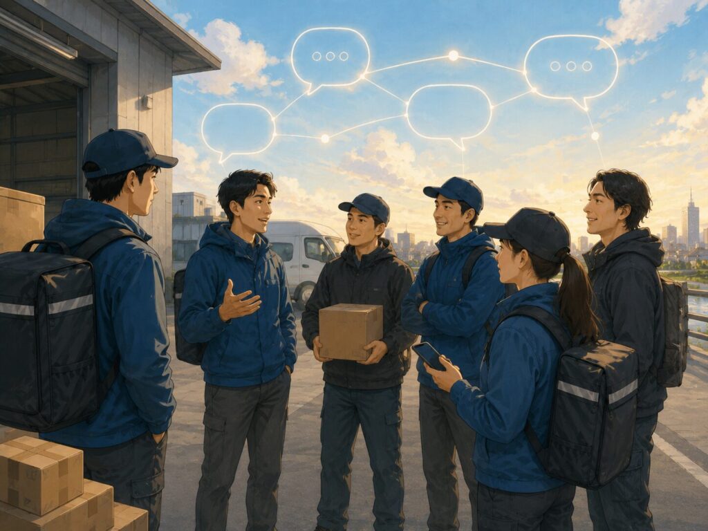 複数の配達員が倉庫前で集まり、荷物やスマートフォンを手にしながら話し合っている。頭上には吹き出しとつながる線が描かれ、ドライバー同士が声をリレーし、傍観者ではなく横につながっていく様子を表したイラスト。
