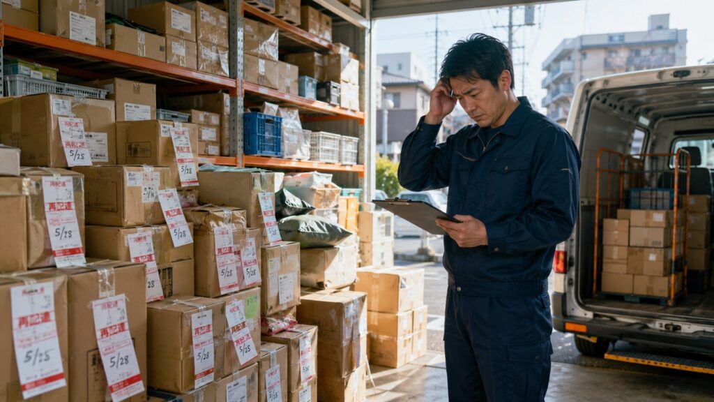 営業所の荷捌きスペースで、大量の再配達荷物や長期保管中の段ボールが棚や床に積み上がり、配送ドライバーが困った表情でクリップボードを確認しているイラスト。奥には軽バンの荷室も見えており、長期保管ルールの悪用によって倉庫や現場の負担が増している様子を表している。