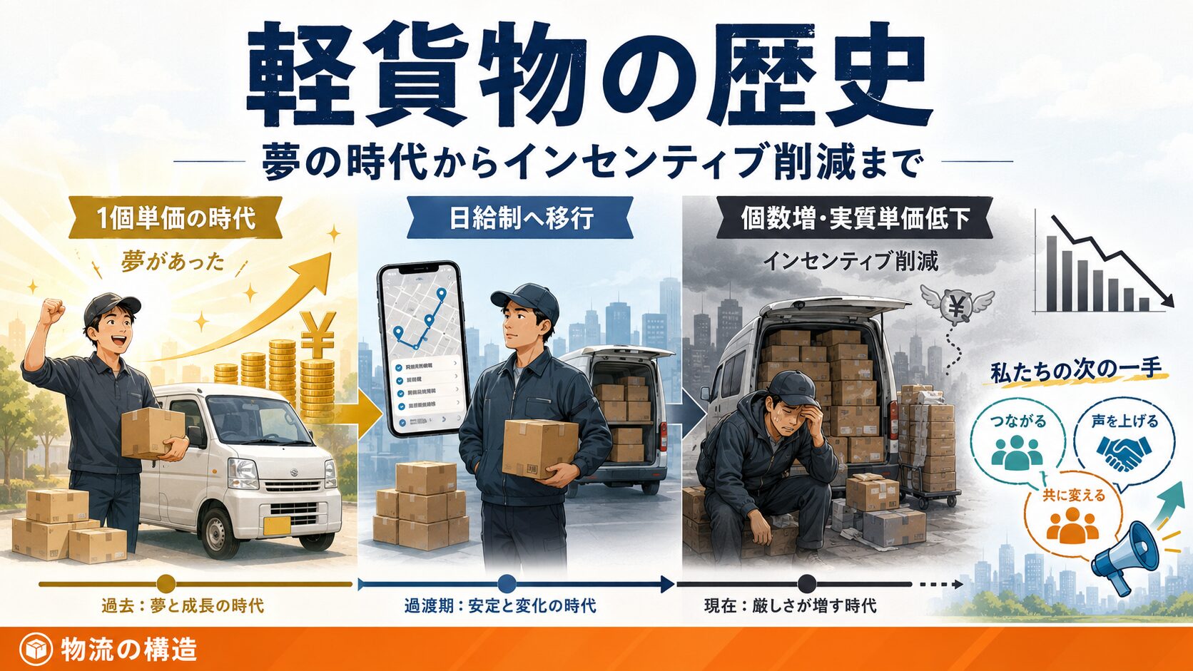 Amazon軽貨物の報酬構造の変遷を、3つの時代に分けて示した図解風アイキャッチ画像。左から「1個単価の時代」「日給制へ移行」「個数増・実質単価低下とインセンティブ削減」と並び、最後に「つながる」「声を上げる」「共に変える」といった次の一手が示されている。