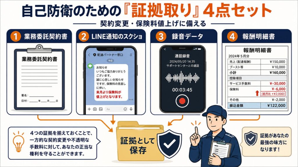 契約変更や保険料値上げに備えるための証拠取り4点セットを示した図解。業務委託契約書、LINE通知のスクリーンショット、録音データ、報酬明細書を保存する重要性を説明している。
