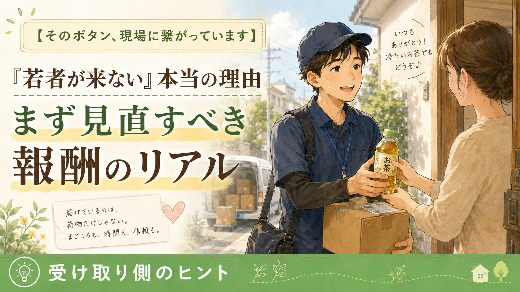 玄関先で若い配達員が荷物を抱えながら、受け取り側の女性から冷たいお茶を受け取っている、やわらかい雰囲気のアイキャッチ画像。左側には「『若者が来ない』本当の理由　まず見直すべき報酬のリアル」というタイトルが大きく入り、受け取り側の小さな思いやりと、物流を支える現場のリアルをやさしく伝えている。