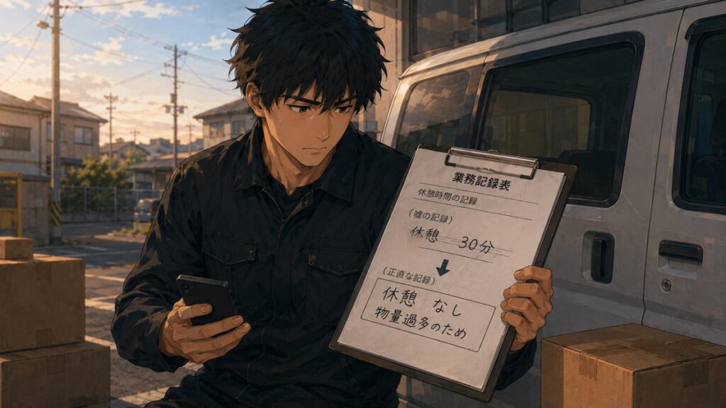 夕暮れの軽バンのそばで、黒い作業着の軽貨物ドライバーがスマホと業務記録表を見つめている。記録表には、嘘の記録として「休憩 30分」が示され、その下に正直な記録として「休憩 なし」「物量過多のため」と書かれており、休めない現実を正しく記録する決断の重さが表現されている。