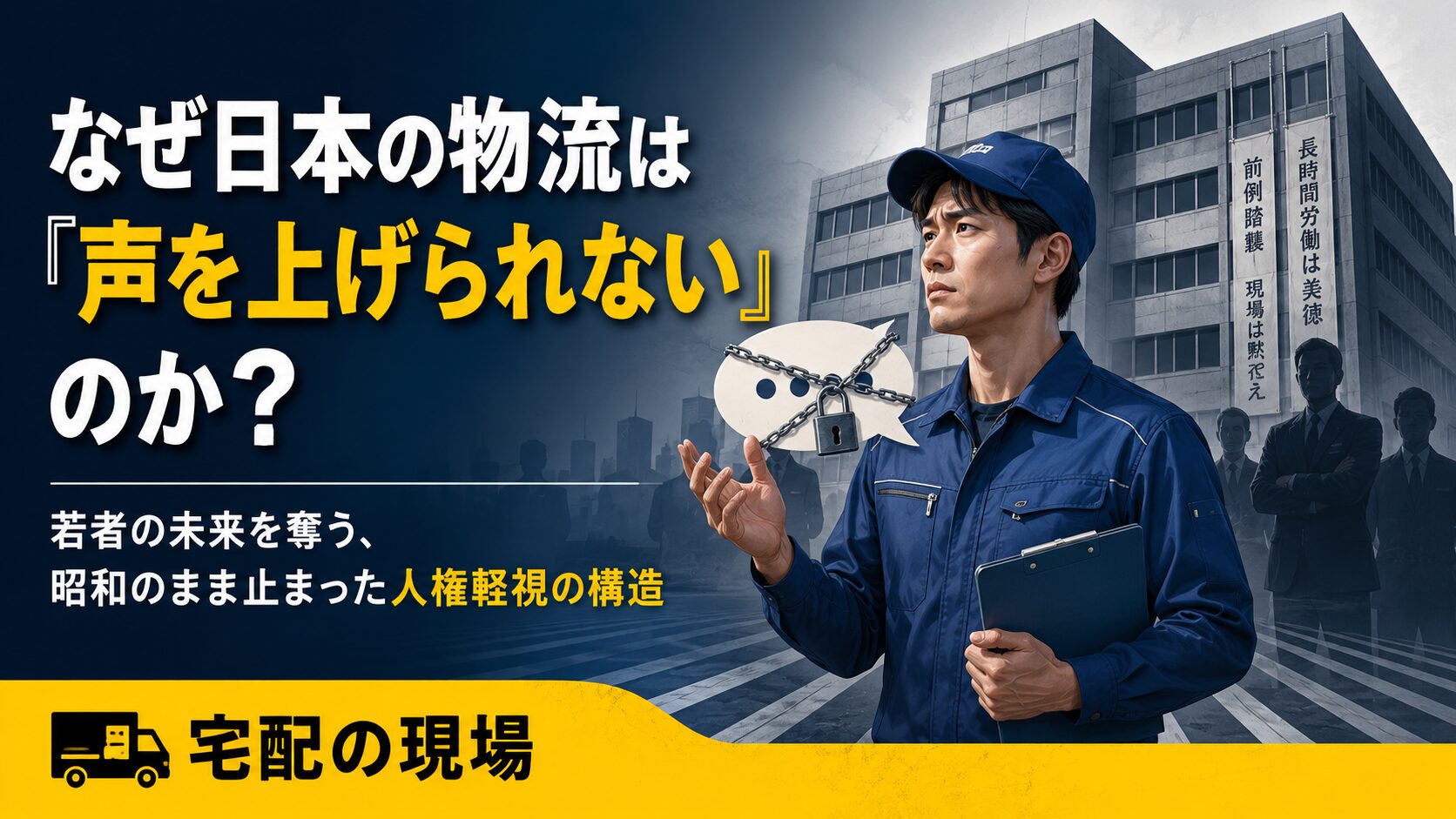 「なぜ日本の物流は『声を上げられない』のか？」をテーマにしたアイキャッチ画像。青い作業服のドライバーが前を見つめる一方、背後には無言を強いられた吹き出しのマークや、古い価値観を象徴する建物と人影が描かれ、日本の物流現場に残る人権軽視の構造を表している。