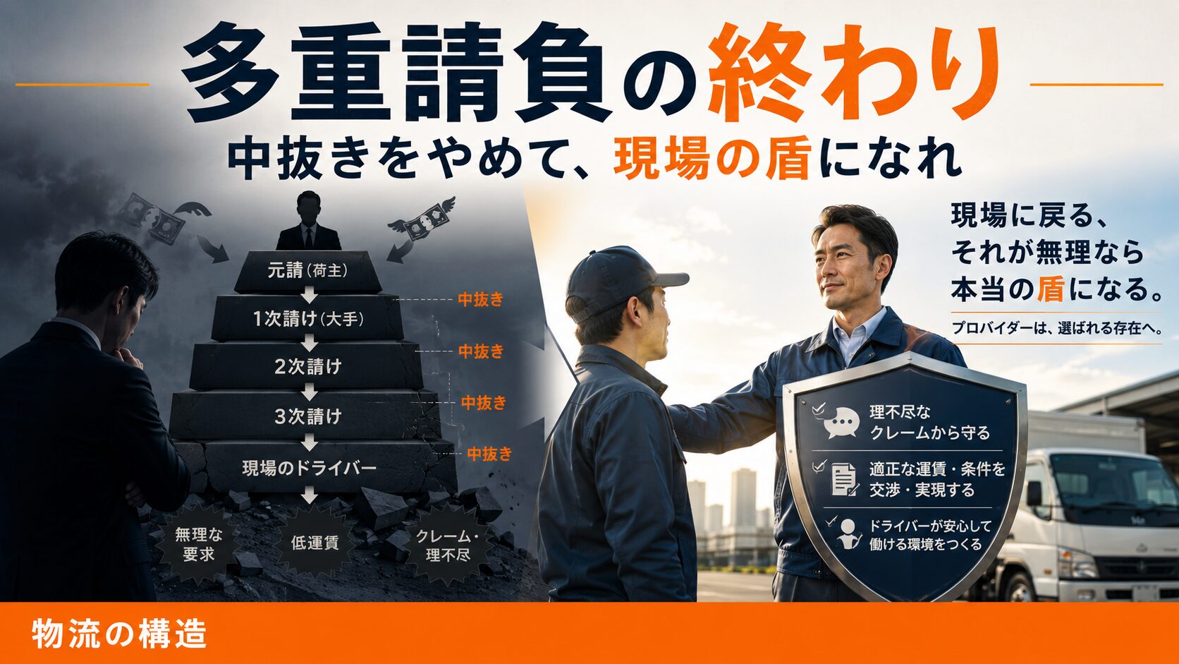多重請負の構造が崩れつつある物流業界を表したアイキャッチ画像。左側には中抜きが重なる請負構造と疲弊する現場を、右側にはドライバーを理不尽なクレームや低運賃から守る「盾」として生まれ変わるプロバイダー像を描いている。