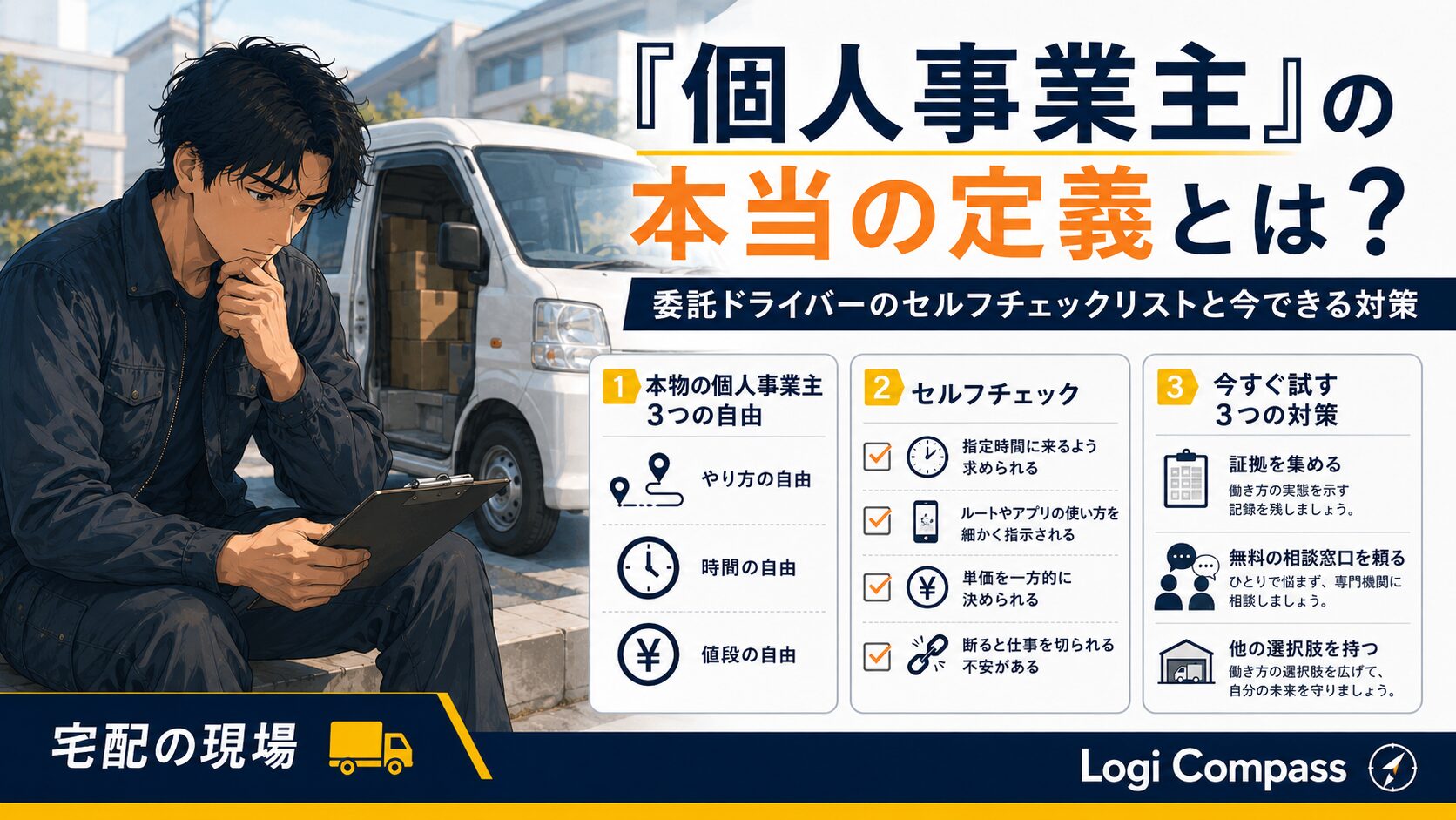白い軽バンの横で、黒い作業着の委託ドライバーがクリップボードを手に考え込んでいる。画面には「個人事業主の本当の定義とは？」という大きな見出しとともに、本物の個人事業主に必要な3つの自由、委託ドライバーのセルフチェック、今すぐ試すべき3つの対策が図解で整理されている。指定時間・ルート指示・単価決定・仕事を切られる不安などを確認し、名ばかり個人事業主の可能性に気づくためのアイキャッチ画像。