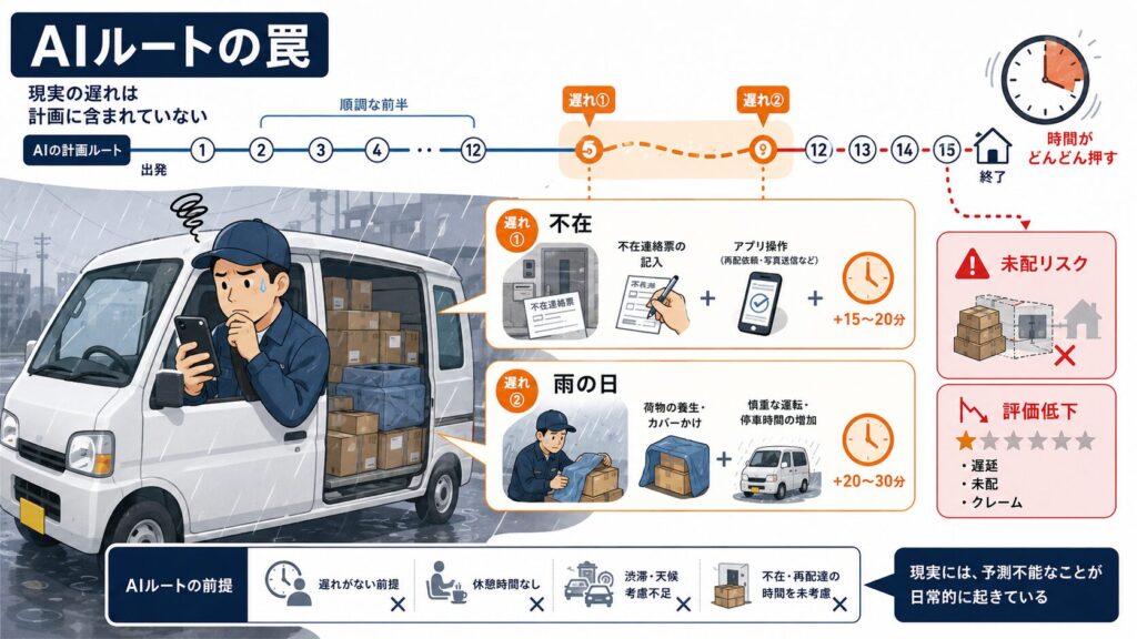 雨の日の配送現場を背景に、軽バンの横で配達ドライバーがスマホの配送アプリを確認しながら困った表情をしている。画面上部にはAIが作った計画ルートと、実際には不在や雨の日の荷物保護によって遅れが発生していく流れがタイムラインで示されている。不在票の記入、アプリ操作、荷物の養生、慎重な運転など、AIの計算に含まれない現場の負担が積み重なり、未配リスクや評価低下につながることを表した図解イラスト。