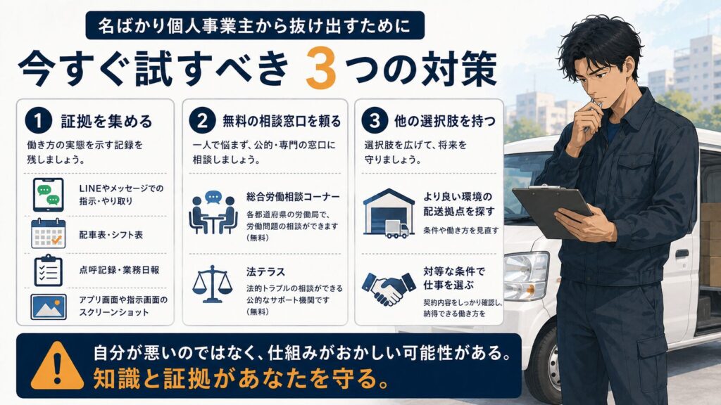 白い軽バンの前で、黒い作業着の委託ドライバーがクリップボードを持ちながら考え込んでいる。左側には「今すぐ試すべき3つの対策」として、①証拠を集める、②無料の相談窓口を頼る、③他の選択肢を持つ、の3項目が図解付きで整理されている。下部には「自分が悪いのではなく、仕組みがおかしい可能性がある。知識と証拠があなたを守る。」というメッセージが示され、名ばかり個人事業主から身を守るための対策を伝えるイラスト。