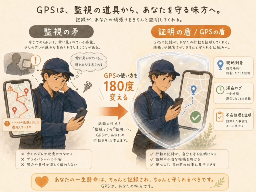 GPSが“監視の矛”から“ドライバーを守る盾”に変わる図解イラスト
左側：GPSで追われているように感じるドライバー。
右側：GPSログが盾になり、「確かに現地に行った」ことを証明している。
中心にスマホ・GPSピン・軽バン。