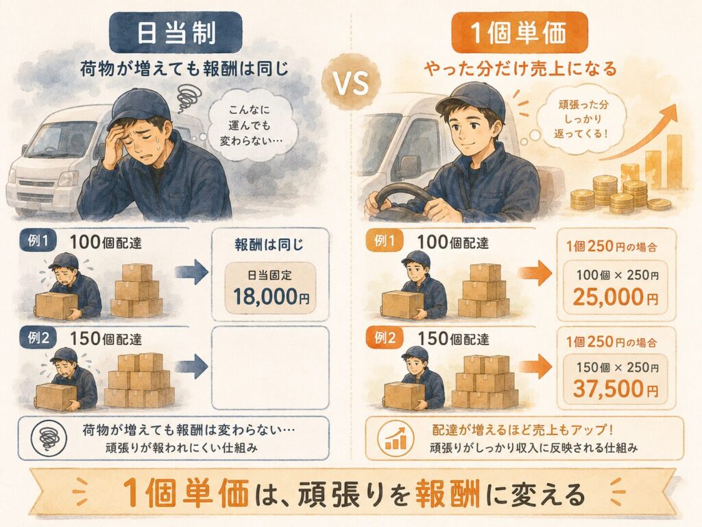 左:日当制
荷物が100個でも150個でも、報酬は同じ。ドライバーが疲れている。
右:1個単価
配った分だけ売上が積み上がる。ドライバーが納得して働いている。