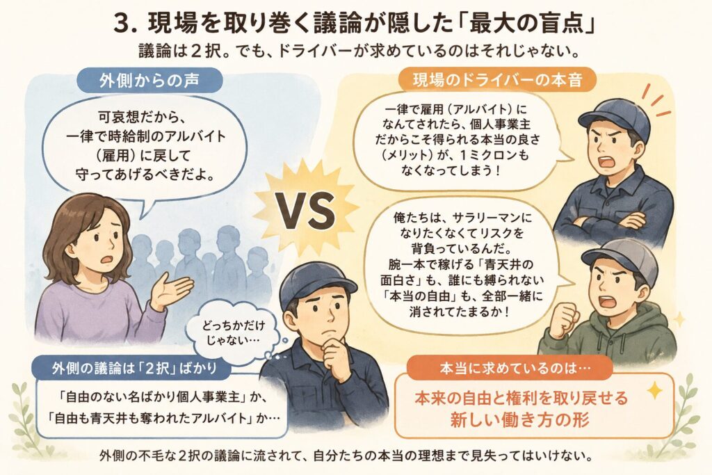 左側：アプリやAIがドライバーを追い立てる“矛”として描かれている
右側：同じ技術がドライバー・荷物・お客様を守る“盾”になっている
真ん中にドライバー
背景には荷物・家・スマホ・ルート線
全体として「攻撃」から「保護」へ向きが変わる構図