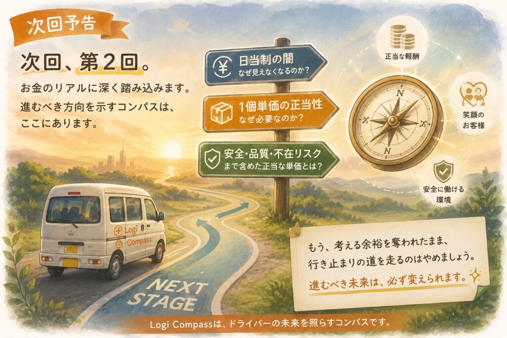 Logi Compassの次回予告イラスト。夕暮れの道を軽バンが走り、道路には「NEXT STAGE」と書かれている。中央には「日当制の闇」「1個単価の正当性」「安全・品質・不在リスクまで含めた正当な単価とは？」と書かれた道しるべが立ち、右側には羅針盤や「正当な報酬」「笑顔のお客様」「安全に働ける環境」のアイコンが配置されている。第2回で、日当制では見えにくい報酬の問題と、1個単価の必要性を掘り下げることを予告するイラスト。