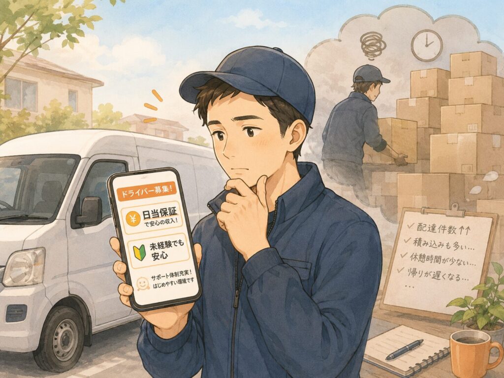 軽バンの横でスマホの求人画面を見ているドライバー。
画面には「日当保証」「未経験でも安心」みたいな言葉がふわっと出ていて、最初は安心しているけど、背景には荷物が少しずつ増えていく雰囲気。
