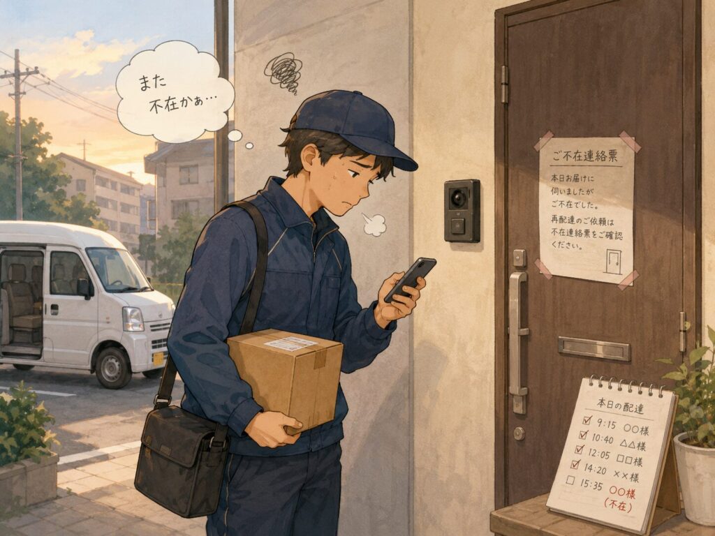 不在の玄関前で、荷物を持ったまま立ち尽くすドライバー
雰囲気は、怒りではなく「疲れ」と「納得できなさ」。
玄関、インターホン、荷物、スマホ、不在の気配。
ここは読者に「そう、それだよ」と共感させる絵