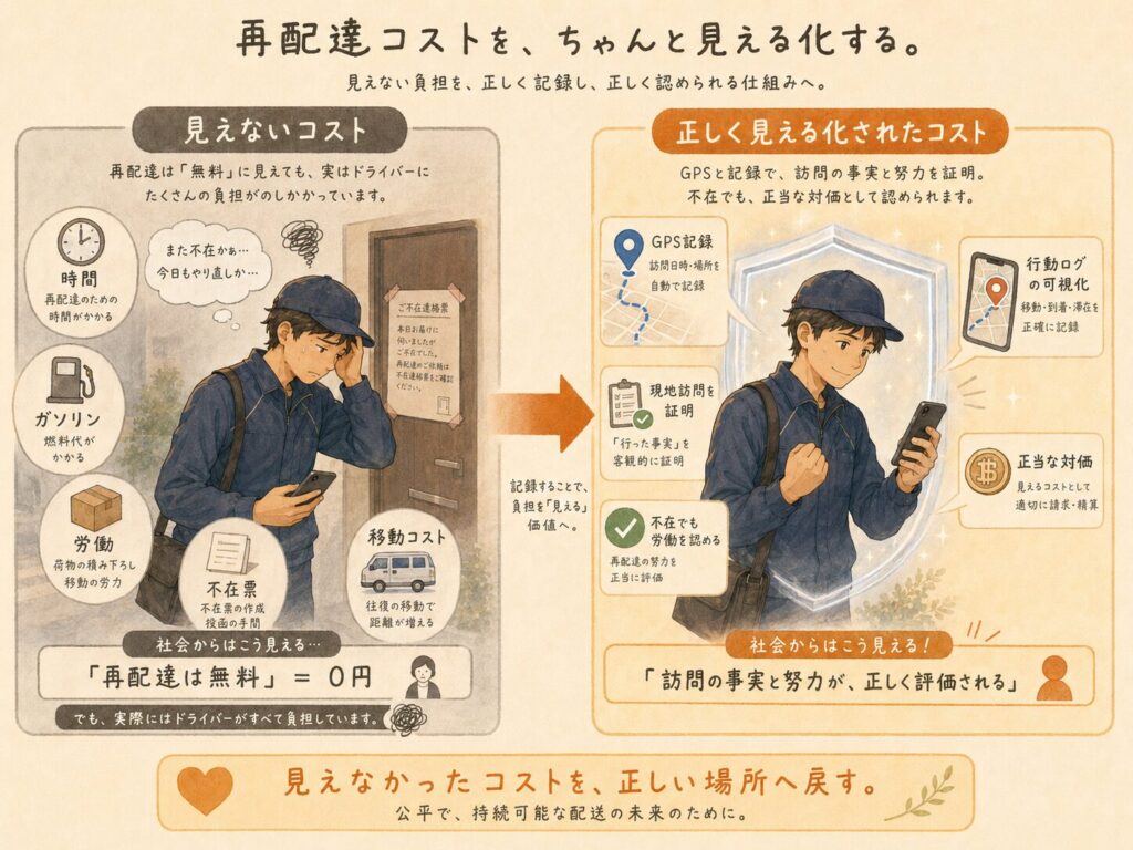 再配達のコストが、見えないところでドライバーに積み上がっている図解
左：表向きは「再配達無料」。
下や裏側に、ドライバーの時間・ガソリン・不在票・移動コストが積み上がっている。
右：GPSログによって、そのコストが見える化される。
