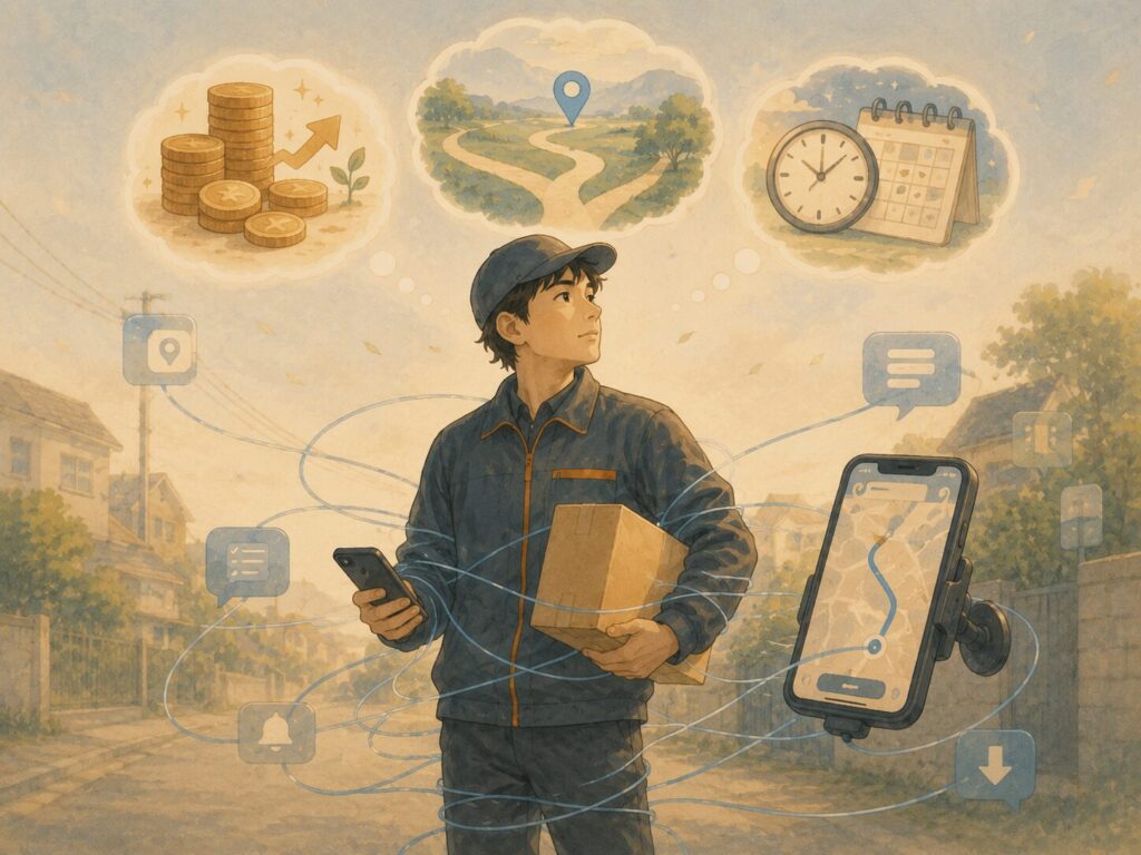 “個人事業主の自由”と“現実の縛り”の矛盾を表す概念イラスト