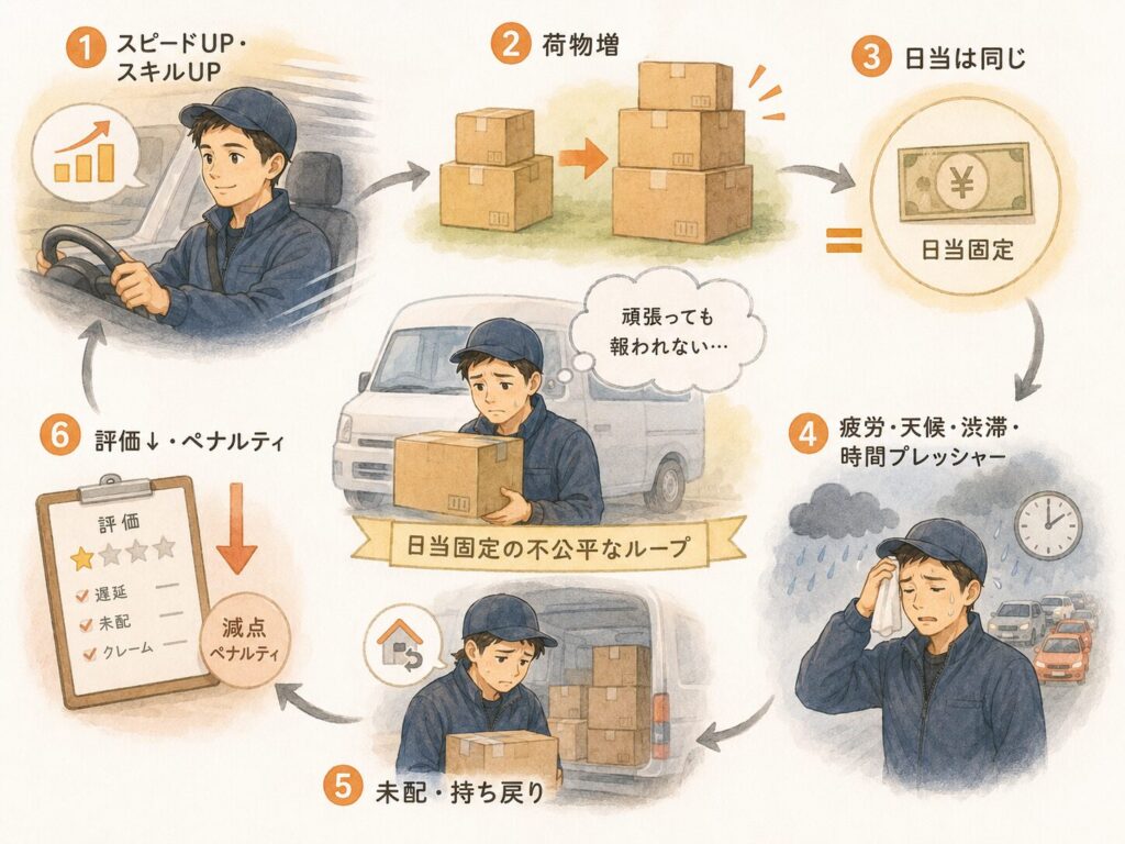 ドライバーが速く配れるようになる
荷物が増える
報酬は同じ
雨や渋滞で未配
評価・ペナルティやわらかいイラスト図解