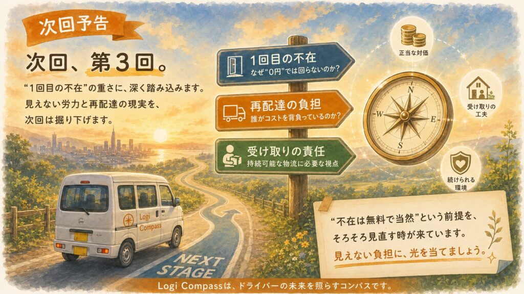 Logi Compassの次回予告イラスト。夕暮れの道を軽バンが走り、道路には「NEXT STAGE」と書かれている。中央の道しるべには「1回目の不在」「再配達の負担」「受け取りの責任」とあり、右側には羅針盤、「正当な対価」「受け取りの工夫」「続けられる環境」のアイコンが配置されている。第3回で、1回目の不在がなぜ0円では回らないのか、見えない労力と再配達の現実を掘り下げることを予告している。