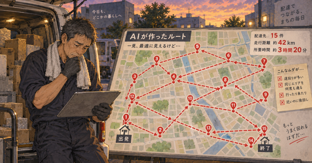 夕暮れの配送現場。荷物を積んだ軽貨物車のそばで、疲れた配達員がタブレットを見つめている。隣には、配達先のピンと赤いルート線が複雑に行き交う平面地図の大きなボードがあり、AIが作った非効率な配送コースをわかりやすく示しているイラスト。