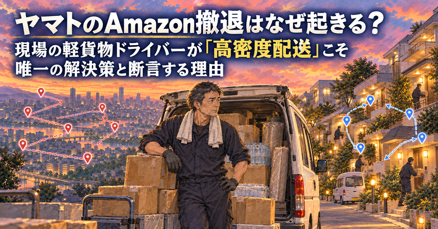 夕暮れの街で、荷物を満載した軽貨物車の前に立つ配達員。左側には広範囲を行き来する赤い非効率な配送ルート、右側には住宅が密集する地域を短く回る青い高密度配送ルートが描かれている。「ヤマトのAmazon撤退はなぜ起きる？ 現場の軽貨物ドライバーが『高密度配送』こそ唯一の解決策と断言する理由」というタイトル入りのアイキャッチ画像。