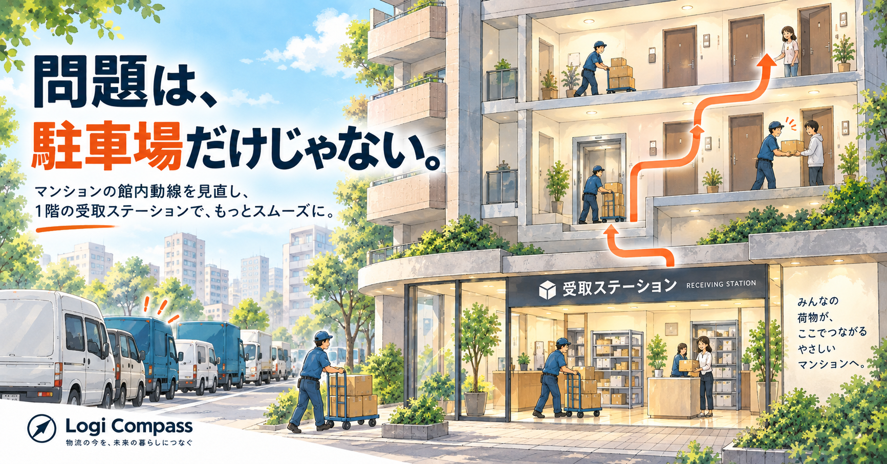 マンション前に複数の配送車が並び、配達員が各住戸へ荷物を運ぶ一方、1階には受取ステーションが設けられているイラスト。駐車場だけでなく館内動線や受け取り方を見直す必要性を表している。