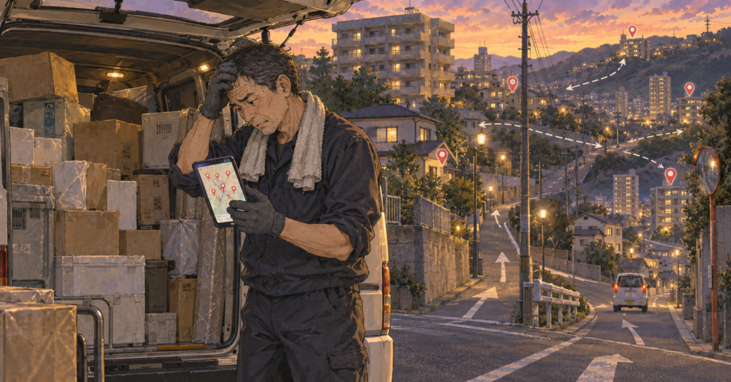 夕暮れの坂の多い街で、荷物を積んだ軽貨物車の横に立つ配達員が、複数の配達先ピンが表示されたスマホ地図を見て困っているイラスト。
