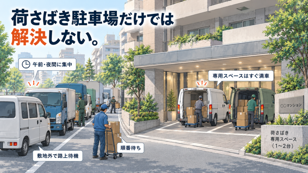 マンションの荷さばき駐車場だけでは解決しない課題を示すイラスト。午前・夜間に配送車が集中し、専用スペースが満車となり、敷地外での路上待機や順番待ちが発生している。
