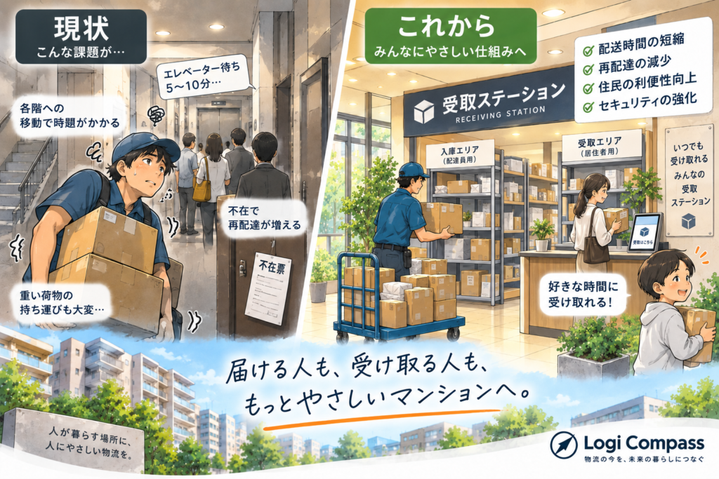 マンションの各住戸へ個別配達する現状と、1階の共有宅配スペースへ一括納品する方式を比較したイラスト。エレベーター待ちや再配達の負担を減らし、配送時間の短縮、住民の利便性向上、セキュリティ強化につながる様子を表している。