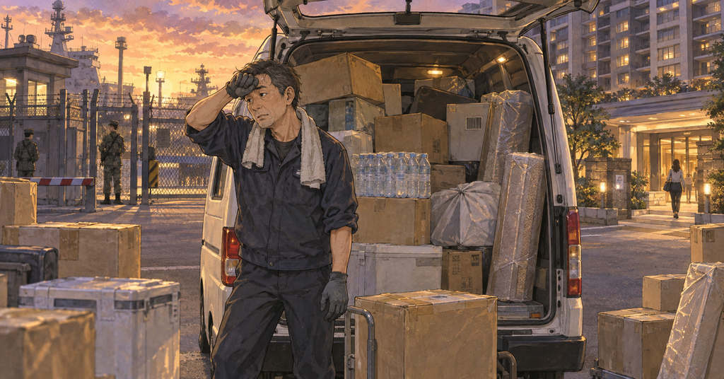 夕暮れの配送現場。荷物でいっぱいの軽貨物車の前で、汗をぬぐいながら立つ中年の配達員。車内には段ボール、水の箱、大きな荷物が積み込まれ、周囲にも荷物が置かれている。背景には警備のある施設の門とマンションが描かれ、現場の負担の重さが伝わるイラスト。