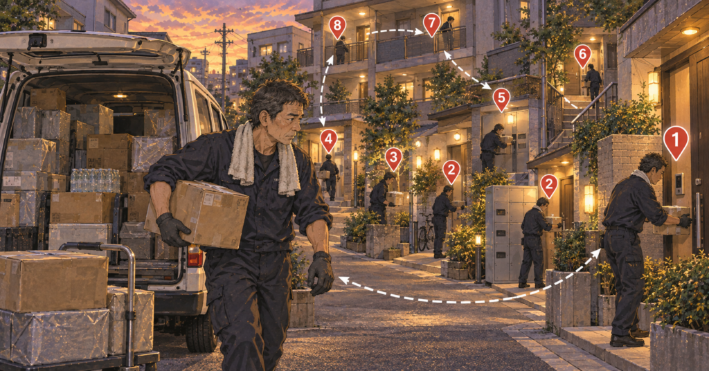 夕暮れの住宅街。荷物を積んだ軽貨物車のそばから配達員が箱を持って歩き出し、近い範囲に並ぶ住宅や集合住宅へ次々と配達している。建物の各所には番号付きのピンと短いルート線が描かれ、狭いエリアに配達先が密集した高密度配送の効率のよさを表したイラスト。

