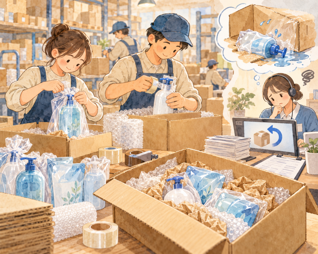 液体商品の梱包作業と、その一方で返品対応を行う様子を描いた水彩イラスト。左側では作業員が洗剤ボトルや詰め替えパックを袋や緩衝材で丁寧に梱包し、右側では漏れた荷物を思い浮かべながら、担当者が返品・返金対応をしている。丁寧な梱包にかかる手間と、漏れた後の対応コストを対比して表現している。
