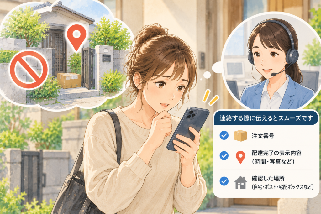 配達写真に別の家が写っていた場合、自分で荷物を回収せず、カスタマーサービスへ連絡する女性の水彩風イラスト。注文番号や配達状況、確認した場所を伝えるポイントも描かれている。