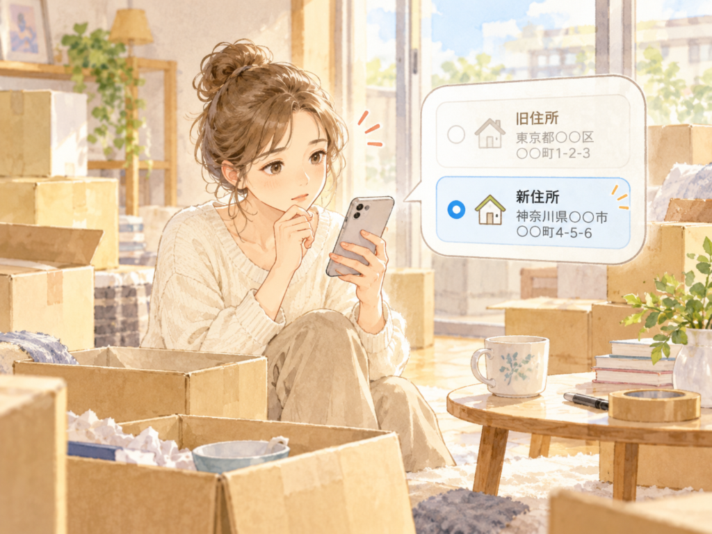 引っ越しの荷造りをしている女性が、スマートフォンの注文画面で旧住所と新住所を確認している水彩風イラスト。新住所が選択されており、注文前のお届け先確認の大切さを表している。