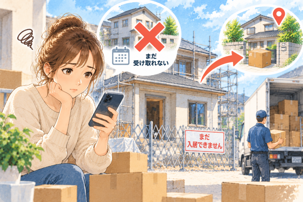 建築工事中でまだ入居できない新居を前に、スマートフォンを見ながら困っている女性の水彩風イラスト。配達員と配送車も描かれ、新住所が決まっていても、受け取れる状態でなければ荷物を配達できないことを表している。